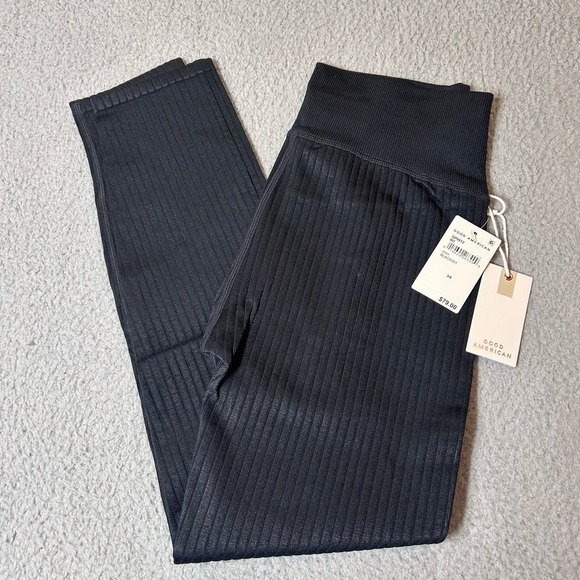Good American Leggings Womens 3/4 Black Wide Ribbed Shine Seamless Leggings NEW - Picture 5 of 15